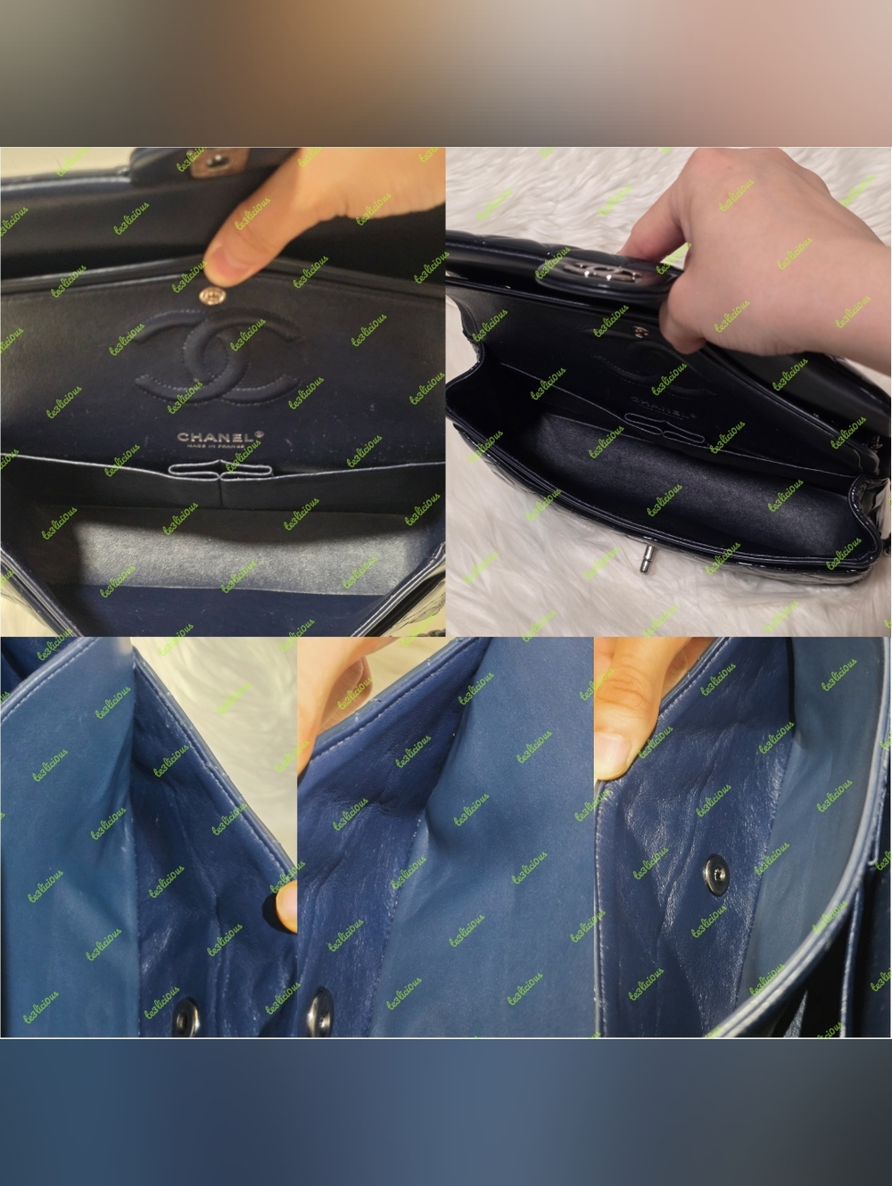CHANEL 14b QUILTED PATENT LEATHER NAVY MEDIUM CLASSIC FLAP BAG *100% AUTHENTIC* - Picture 12 of 16